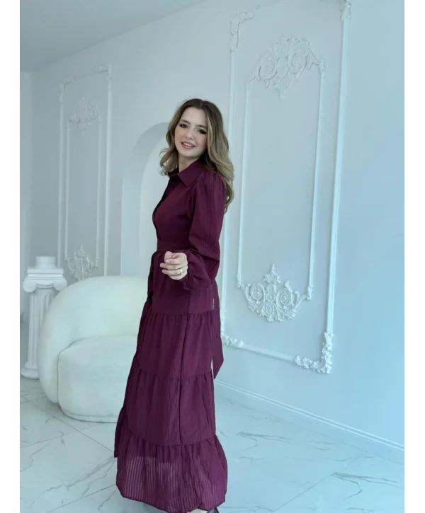 Bordo Çizgi Desenli Kuşaklı Uzun Elbise