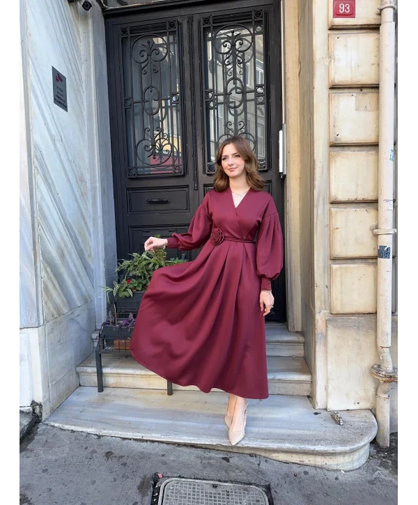 Rosa Bordo Gül Kemer Detaylı Scuba Maxi Boy Elbise