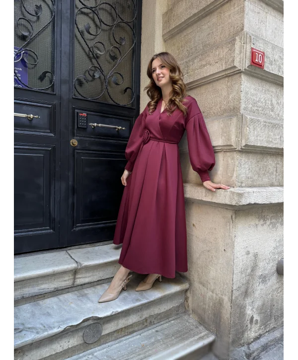 Rosa Bordo Gül Kemer Detaylı Scuba Maxi Boy Elbise