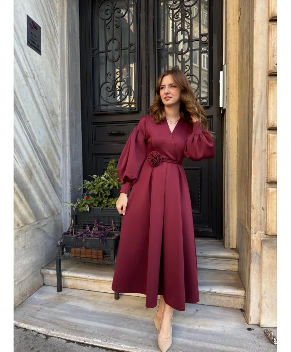 Rosa Bordo Gül Kemer Detaylı Scuba Maxi Boy Elbise