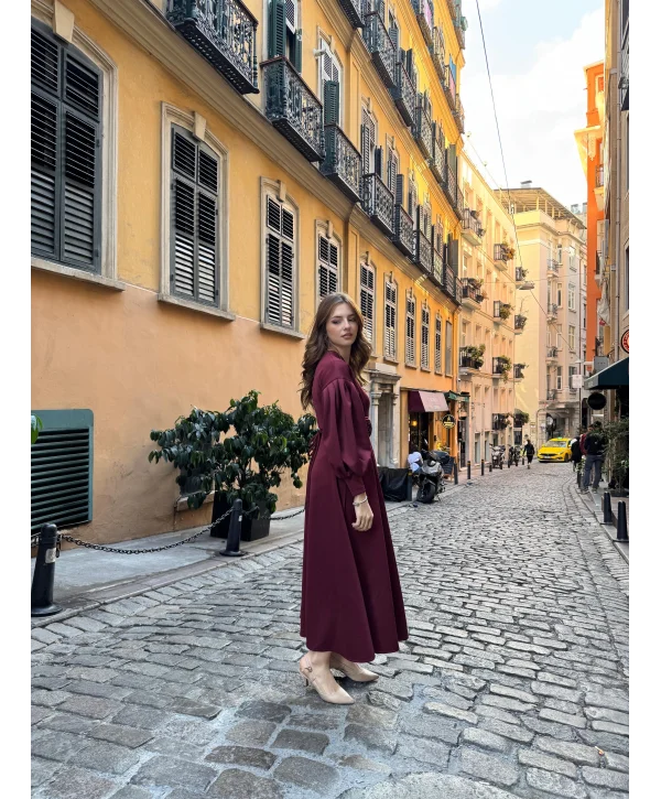 Rosa Bordo Gül Kemer Detaylı Scuba Maxi Boy Elbise