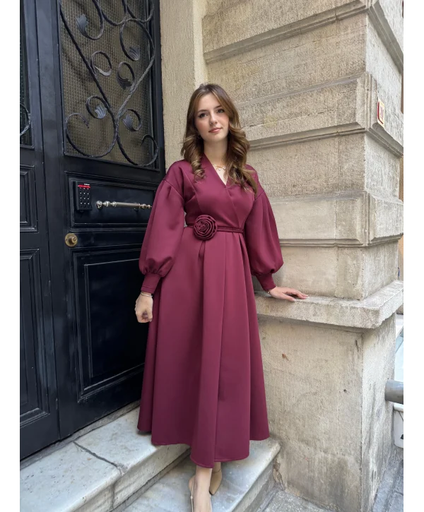 Rosa Bordo Gül Kemer Detaylı Scuba Maxi Boy Elbise