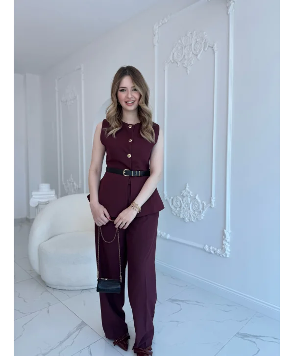 Bordo Kemer Detaylı Bordo Yelek Pantolon Takım