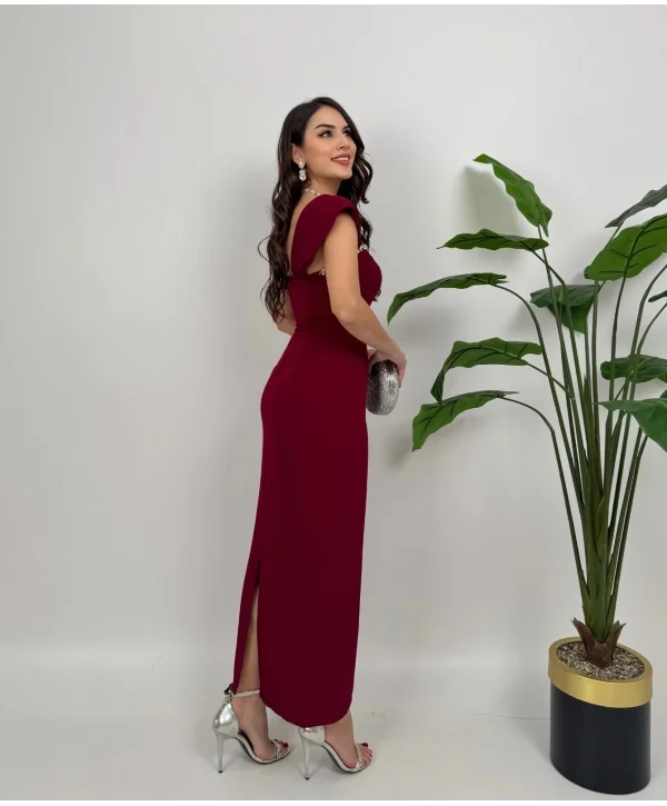 Bordo Maxi boy yaka taş detaylı uzun elbise