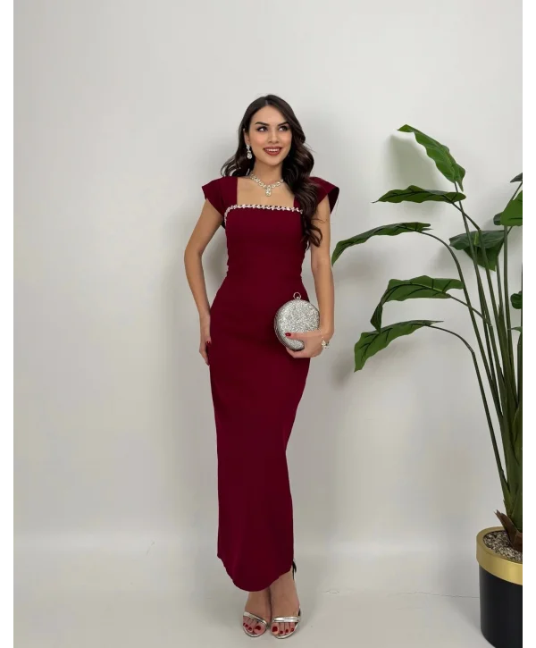 Bordo Maxi boy yaka taş detaylı uzun elbise