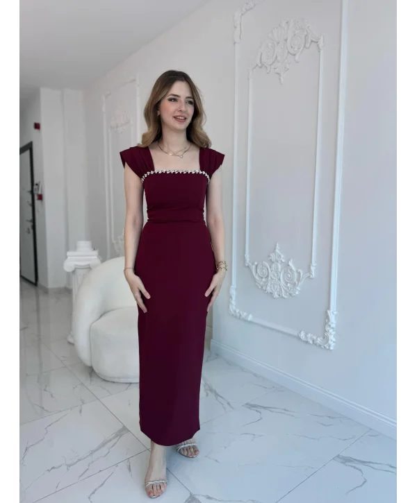 Bordo Maxi boy yaka taş detaylı uzun elbise