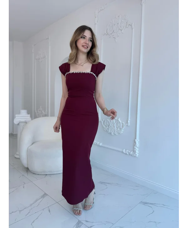 Bordo Maxi boy yaka taş detaylı uzun elbise
