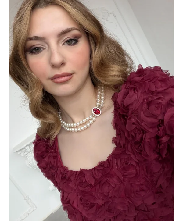 Bordo taşlı iki sıra inci kolye