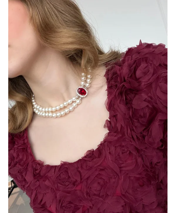 Bordo taşlı iki sıra inci kolye