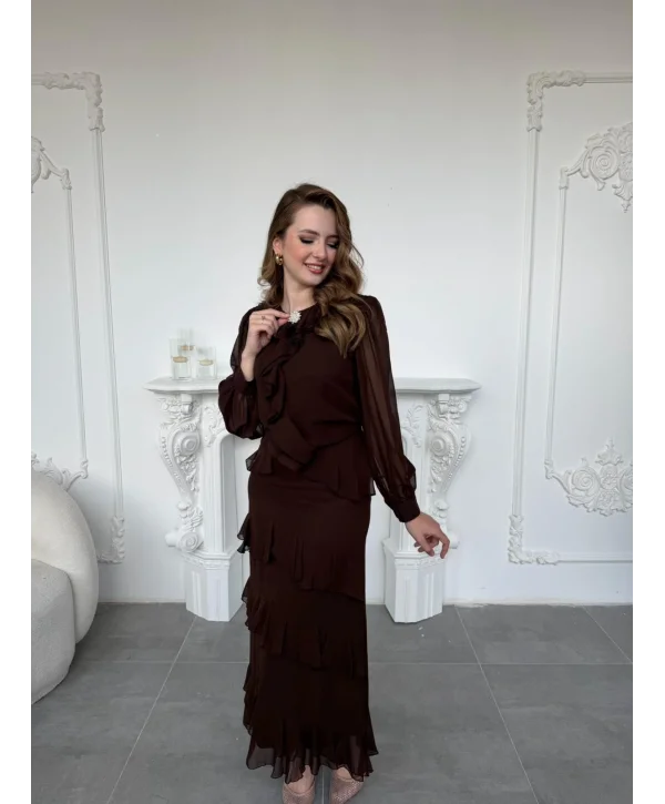 Broş ve Fırfır Detaylı Şifon Alt Üst Kahve Takım