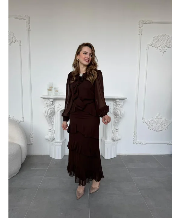 Broş ve Fırfır Detaylı Şifon Alt Üst Kahve Takım