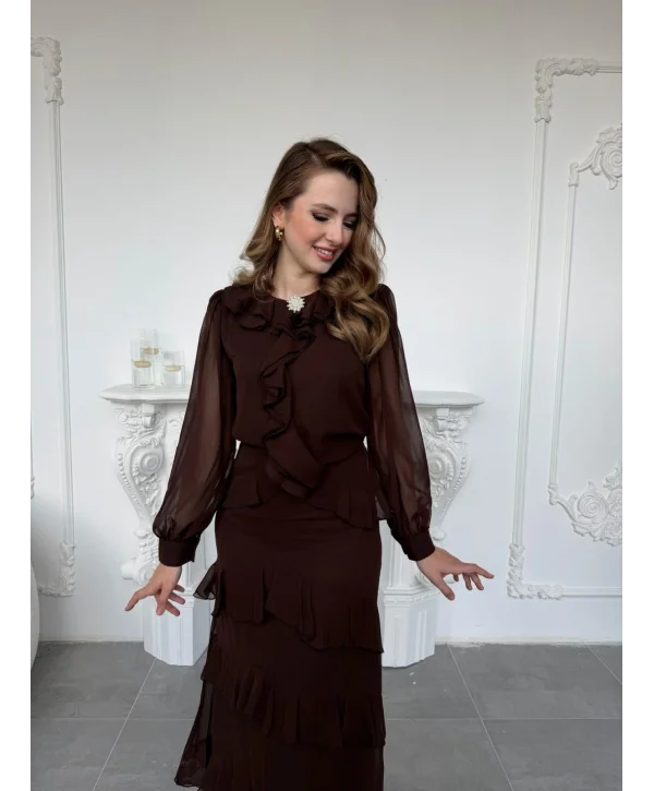 Broş ve Fırfır Detaylı Şifon Alt Üst Kahve Takım