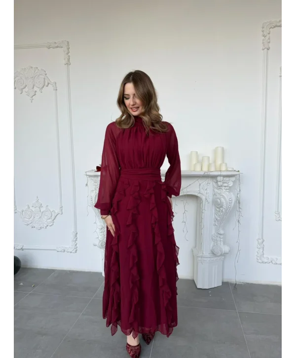 Büzgü Yakalı Eteği Volanlı Beli Kuşaklı Şifon Bordo Elbise