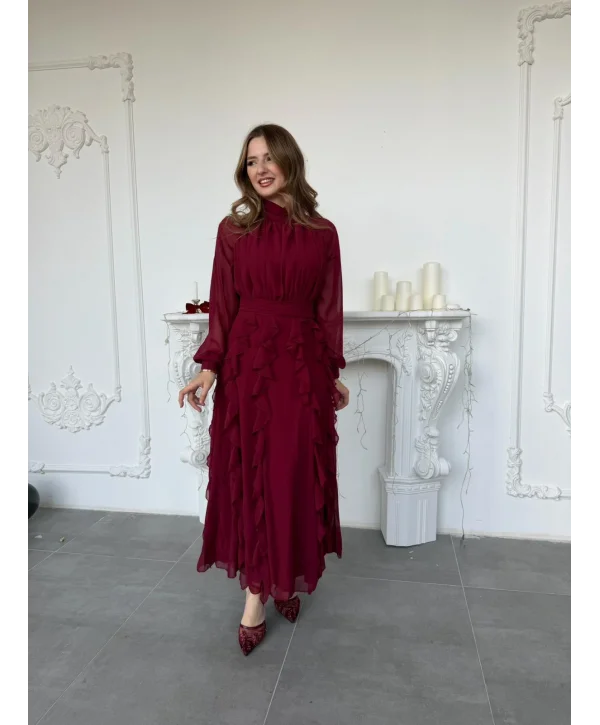 Büzgü Yakalı Eteği Volanlı Beli Kuşaklı Şifon Bordo Elbise
