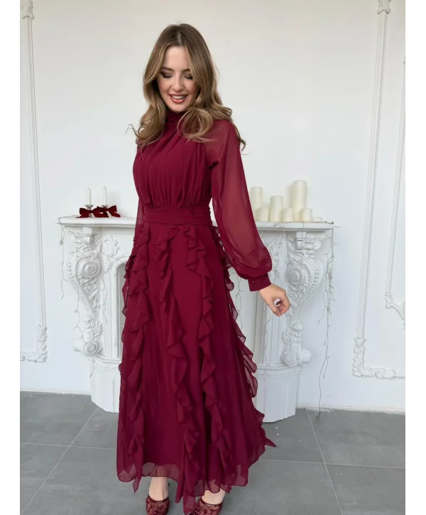 Büzgü Yakalı Eteği Volanlı Beli Kuşaklı Şifon Bordo Elbise