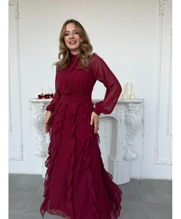 Büzgü Yakalı Eteği Volanlı Beli Kuşaklı Şifon Bordo Elbise