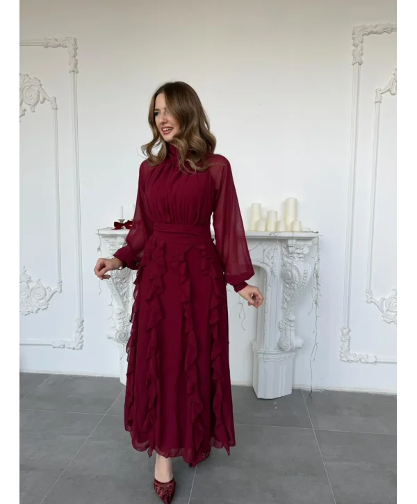 Büzgü Yakalı Eteği Volanlı Beli Kuşaklı Şifon Bordo Elbise