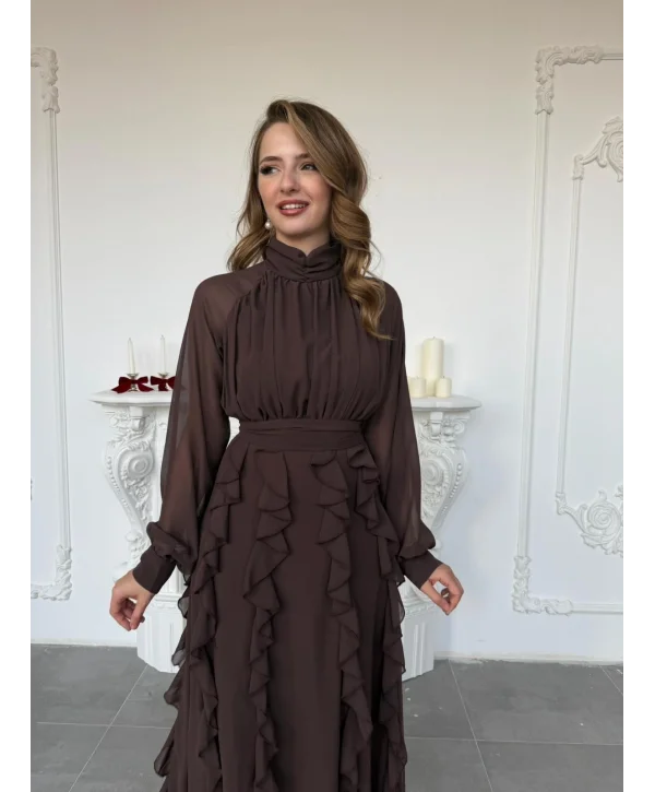 Büzgü Yakalı Eteği Volanlı Beli Kuşaklı Şifon Kahve Elbise