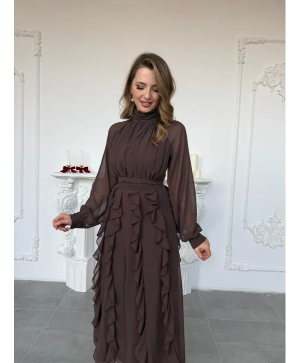 Büzgü Yakalı Eteği Volanlı Beli Kuşaklı Şifon Kahve Elbise