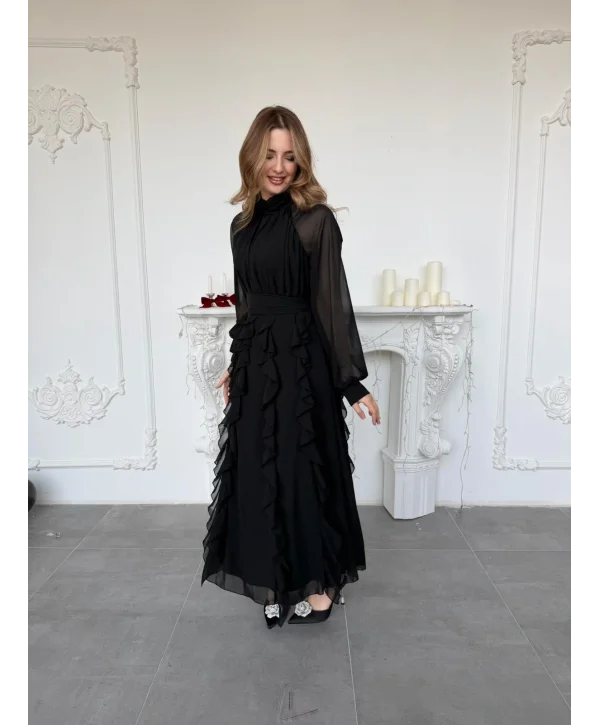 Büzgü Yakalı Eteği Volanlı Beli Kuşaklı Şifon Siyah Elbise