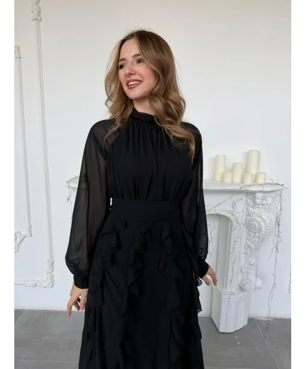 Büzgü Yakalı Eteği Volanlı Beli Kuşaklı Şifon Siyah Elbise
