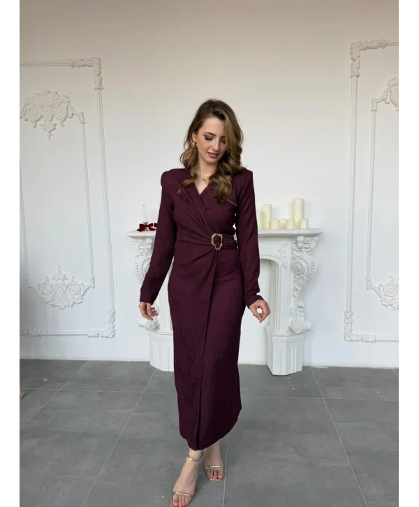 Çapraz Drape Detaylı Gold Tokalı Meloni Kumaş Mürdüm Elbise