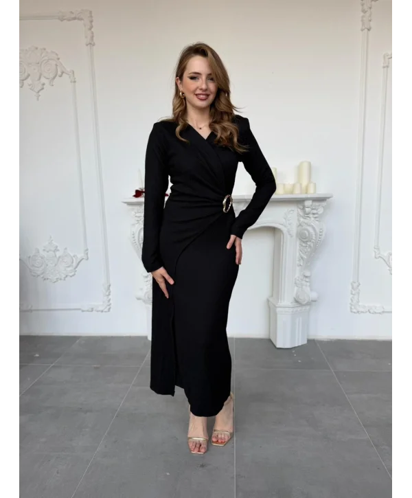 Çapraz Drape Detaylı Gold Tokalı Meloni Kumaş Siyah Elbise