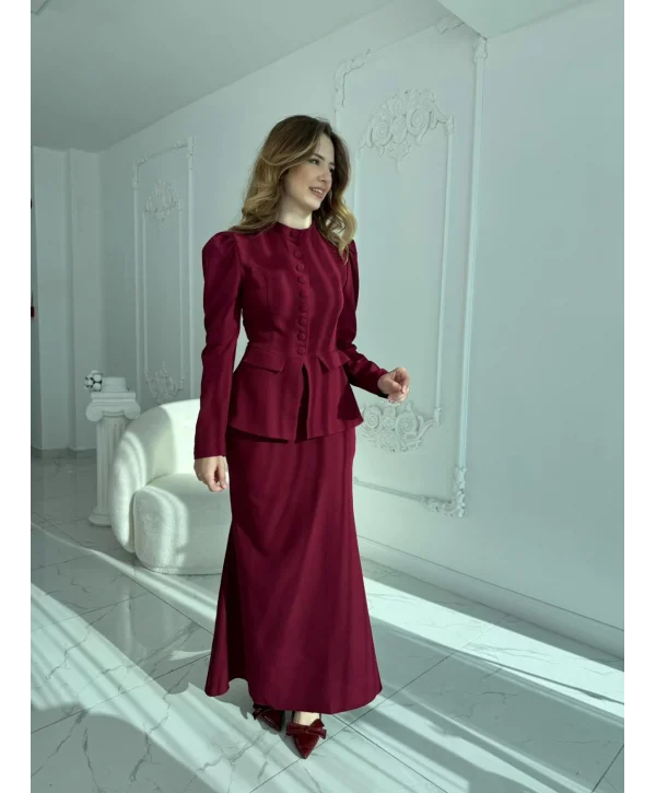 Ceket ve Etek Detaylı Bordo İkili Takım