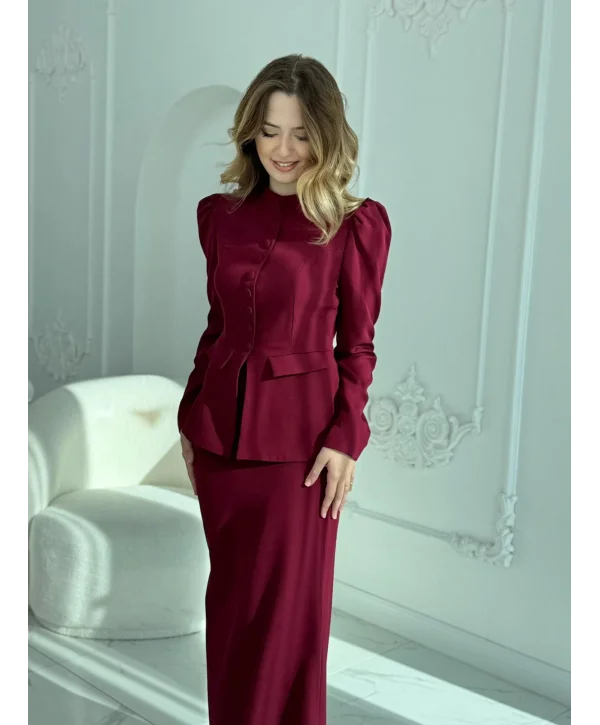 Ceket ve Etek Detaylı Bordo İkili Takım