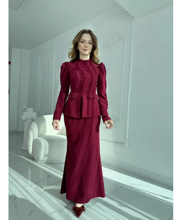 Ceket ve Etek Detaylı Bordo İkili Takım