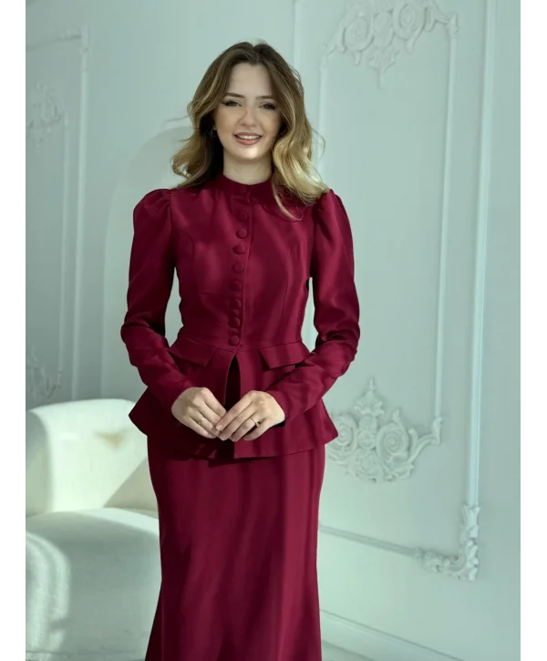 Ceket ve Etek Detaylı Bordo İkili Takım
