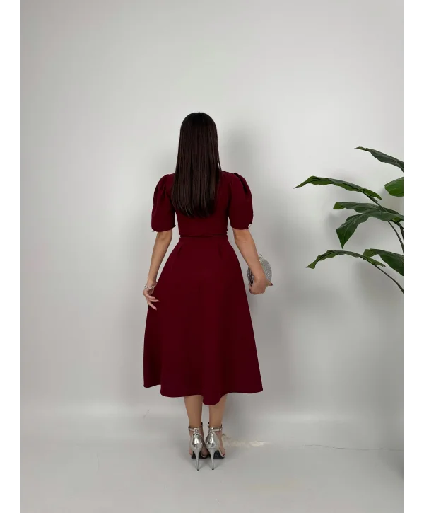 CEKET YAKA BALON KOL DÜĞME DETAY BORDO ELBİSE