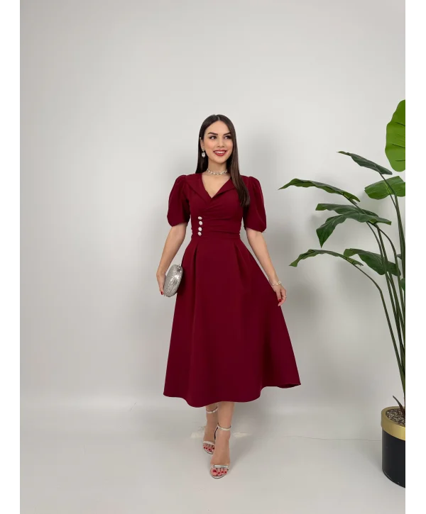 CEKET YAKA BALON KOL DÜĞME DETAY BORDO ELBİSE