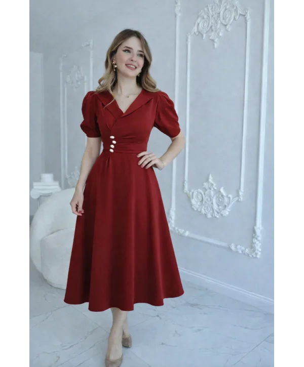 CEKET YAKA BALON KOL DÜĞME DETAY KIRMIZI ELBİSE