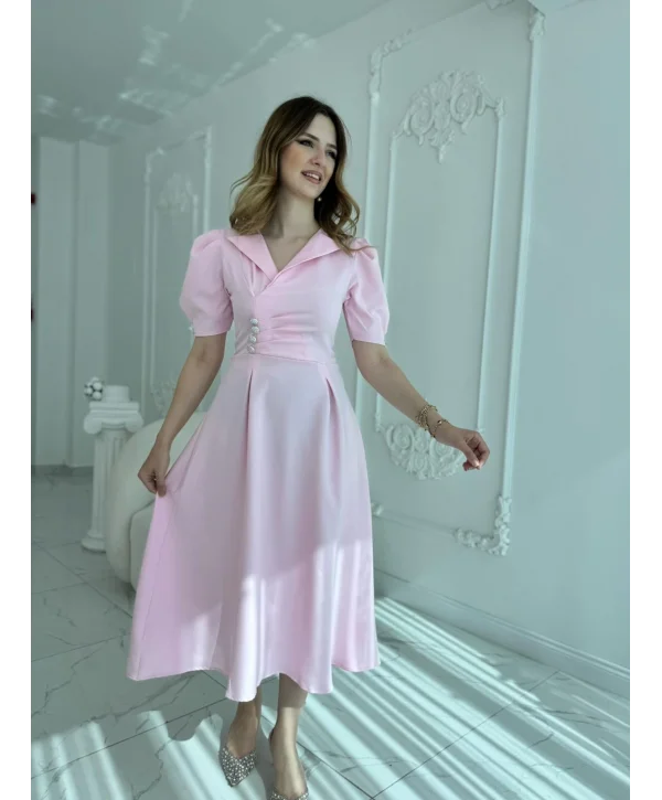 CEKET YAKA BALON KOL DÜĞME DETAY PEMBE ELBİSE