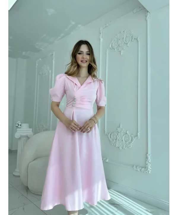 CEKET YAKA BALON KOL DÜĞME DETAY PEMBE ELBİSE