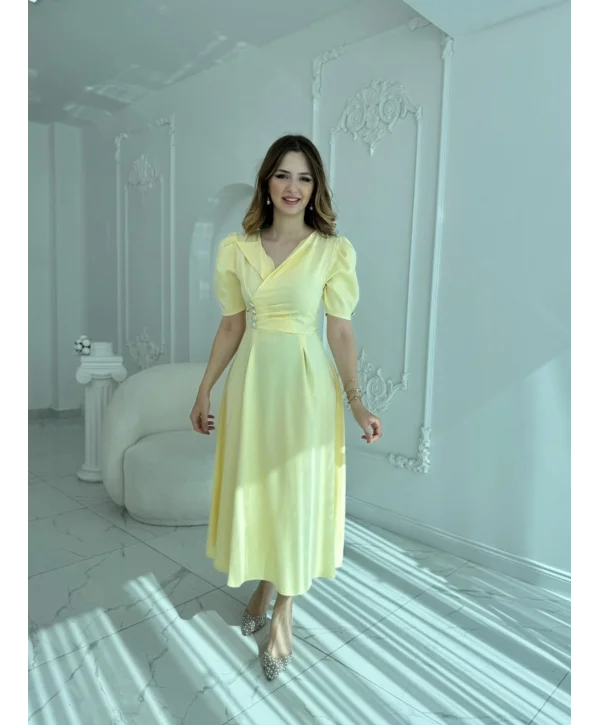 CEKET YAKA BALON KOL DÜĞME DETAY SARI ELBİSE