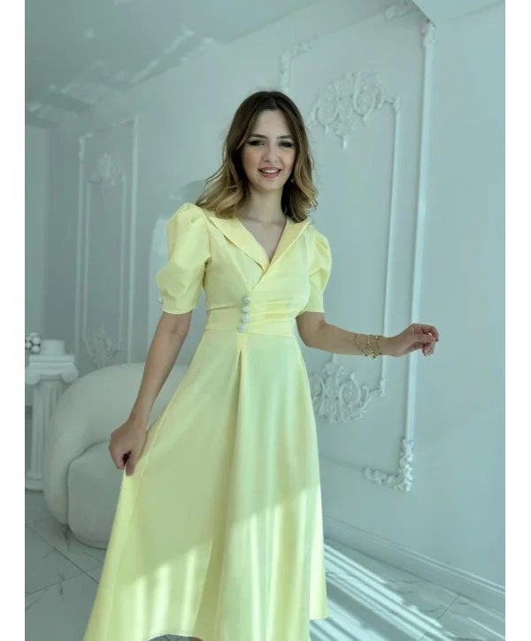 CEKET YAKA BALON KOL DÜĞME DETAY SARI ELBİSE