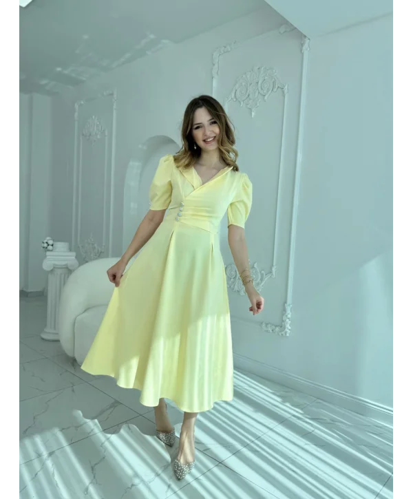 CEKET YAKA BALON KOL DÜĞME DETAY SARI ELBİSE