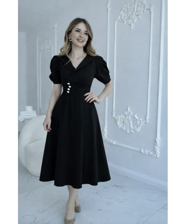 CEKET YAKA BALON KOL DÜĞME DETAY SİYAH ELBİSE