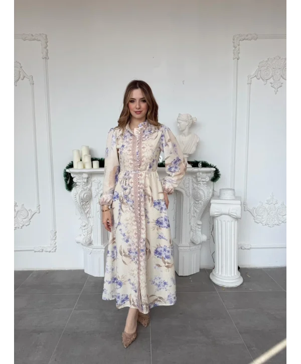 Çiçek Desenli Kuşak ve Düğme Detaylı Vintage Stil Keten Elbise