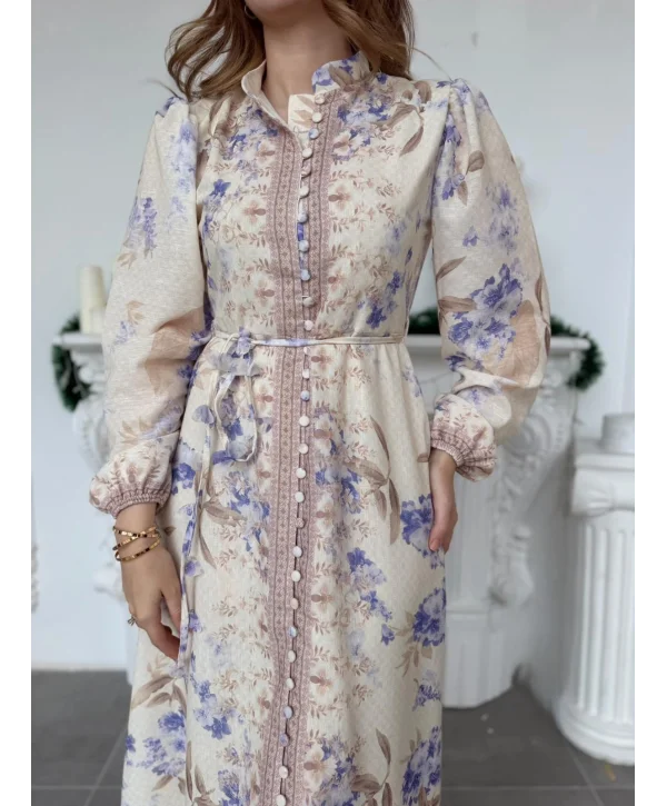 Çiçek Desenli Kuşak ve Düğme Detaylı Vintage Stil Keten Elbise