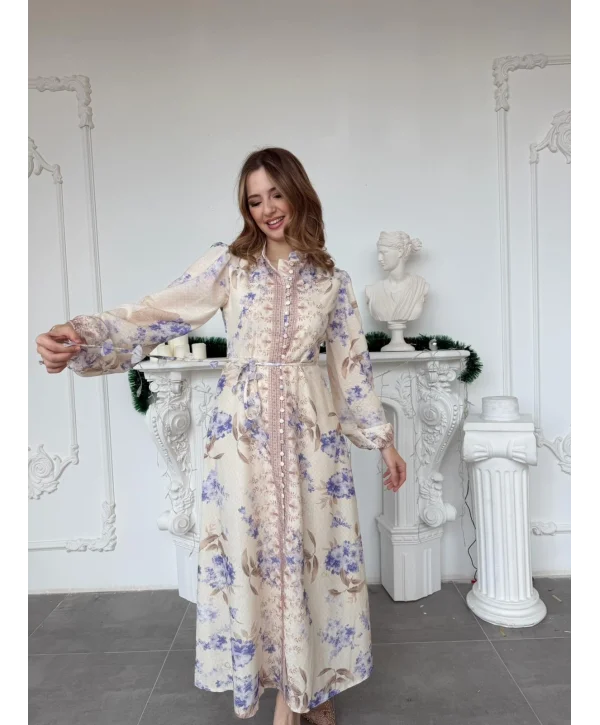 Çiçek Desenli Kuşak ve Düğme Detaylı Vintage Stil Keten Elbise