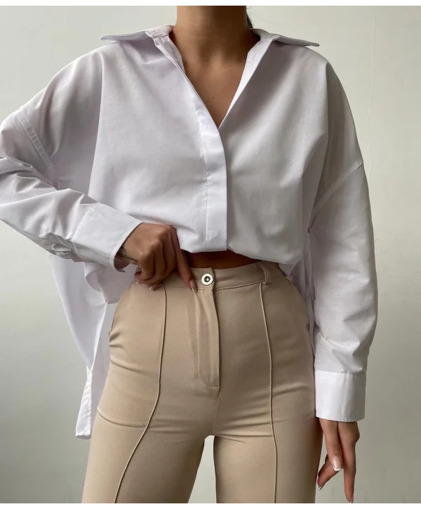 Çift Kat Yaka Gizli Düğmeli Beyaz Gömlek