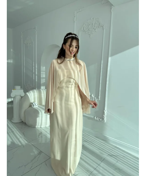 Çıkarılabilir Şal Detaylı Zarif Bej Elbise