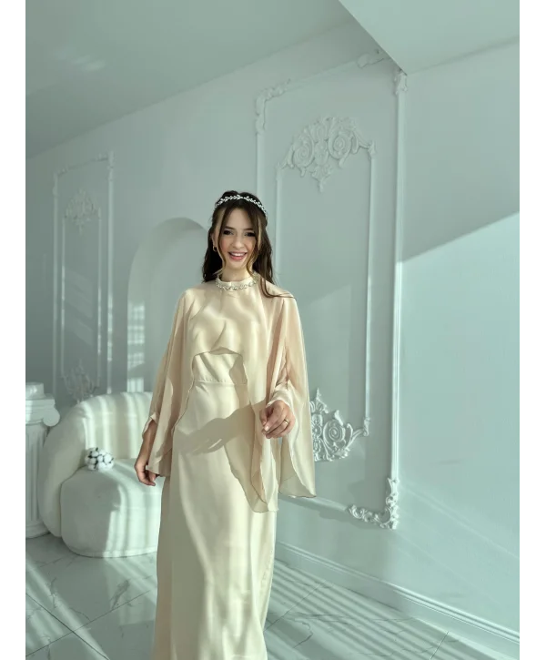 Çıkarılabilir Şal Detaylı Zarif Bej Elbise