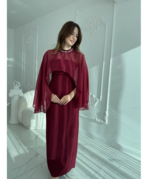 Çıkarılabilir Şal Detaylı Zarif Bordo Elbise