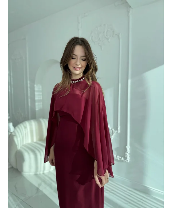 Çıkarılabilir Şal Detaylı Zarif Bordo Elbise