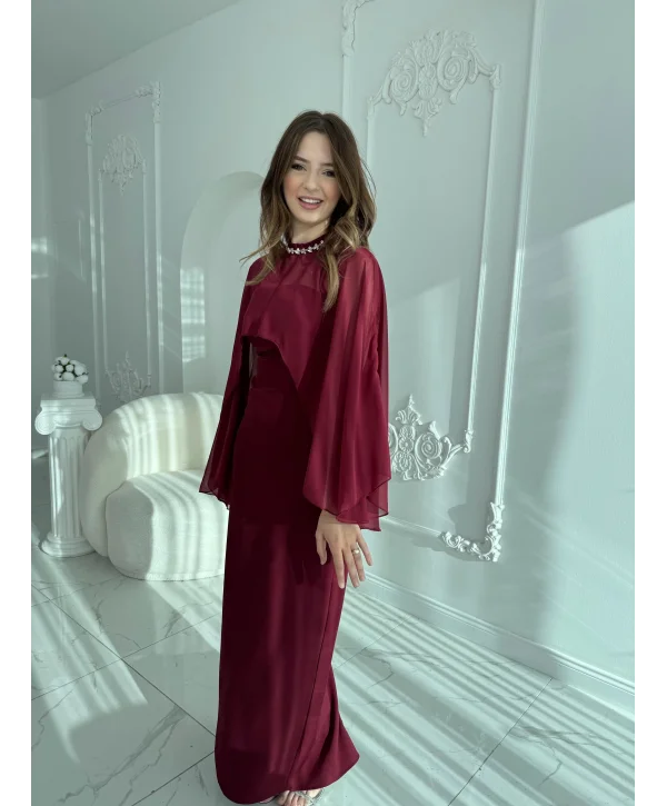 Çıkarılabilir Şal Detaylı Zarif Bordo Elbise