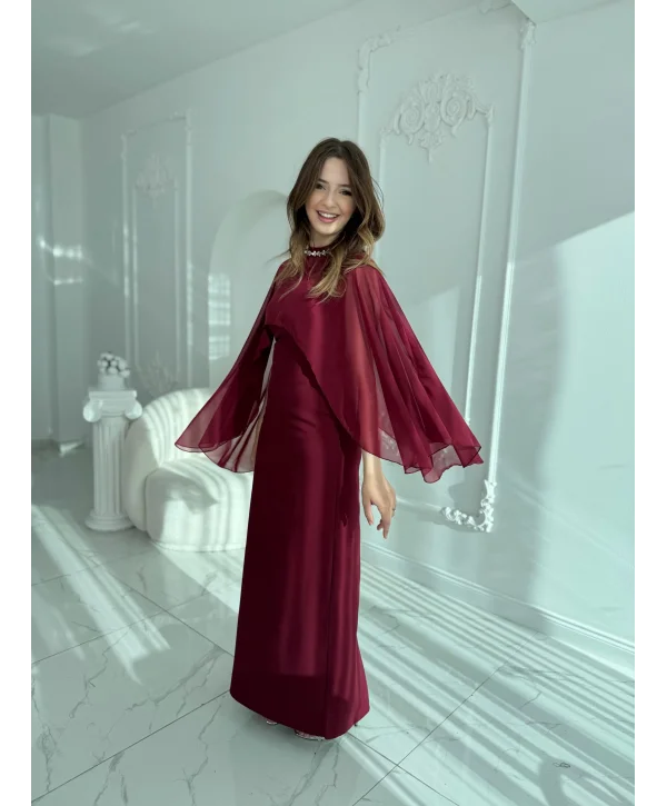 Çıkarılabilir Şal Detaylı Zarif Bordo Elbise